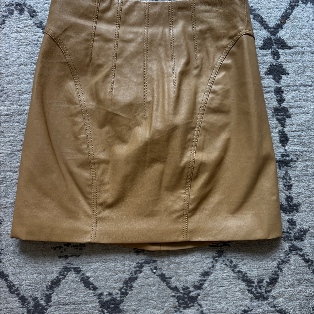 L'Academie 100% Leather Mini Skirt in Camel